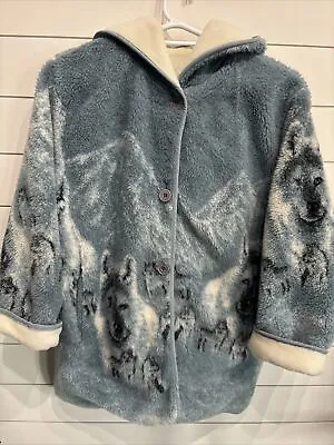 VTG Fleece Arctic Wolf Pack Moon Fleece Sherpa Hooded Coat Jacket Adult Large • $54.95