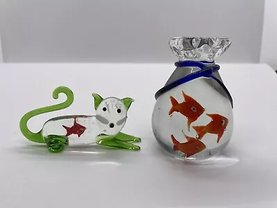 VTG Murano Style Art  Glass Goldfish In A Bag Paperweight & Cat W/ Fish In Tummy • $19.99