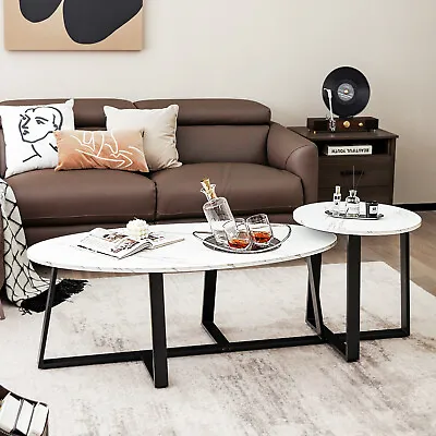 $169.95 • Buy Coffee Table Nesting End Table Set Faux Marble Oval Round Tables Modern White