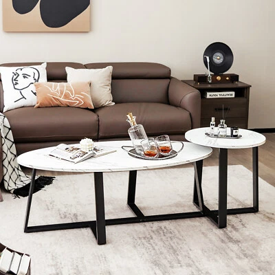 $169.95 • Buy Coffee Table Nesting End Table Set Faux Marble Oval Round Tables Modern White