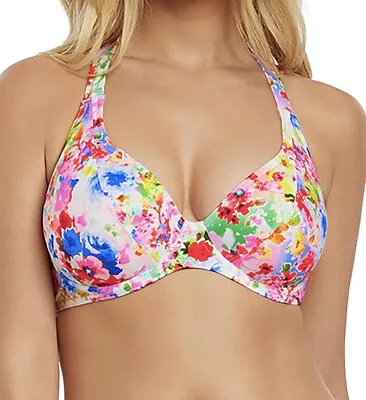 Freya Endless Summer Bikini Top Confetti White Size 30DD Plunge Halter Neck 2966 • £8.89