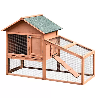 2 Tier Wood Rabbit Hutch Water Resistant Asphalt Roof Ramp 144 X 64.5 X 100 Cm • £97.99