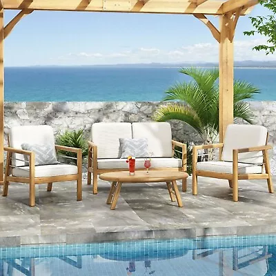 Lindsey Outdoor Acacia Wood 4 Seater Chat Set With Cushions Beige And Teak • $975.99