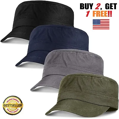 Military Style Hat Adjustable Cotton Cadet Army Cap Vintage Cap Flat Top Hat USA • $7.99