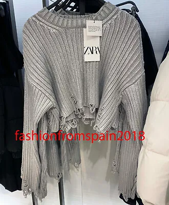 Zara New Woman Ripped Cropped Foil Knit Sweater Silver Xs-l 6771/001 • $59.88
