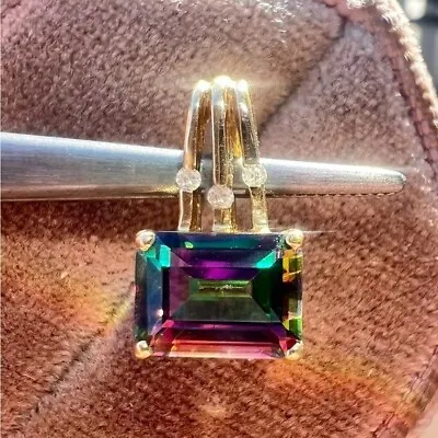 High End Solid 10k Gold Emerald Cut Mystic Topaz/genuine Diamond Pendant • $216