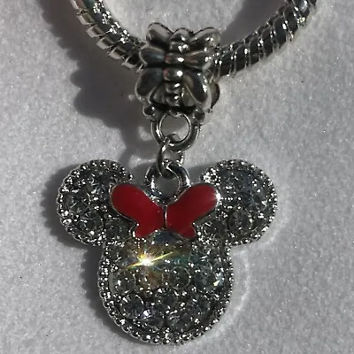 Enamel Bow Disney MINNIE MOUSE Bracelet Charm CRYSTAL Pave Bling Pendant Bead • $4.99