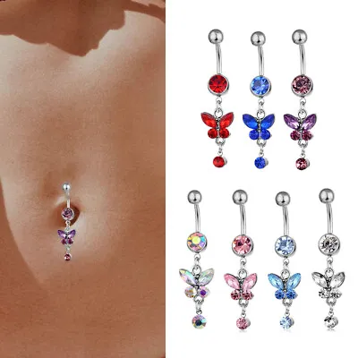 $1.75 • Buy Belly Navel Button Rings Rhinestones Butterfly Drop Dangle Body Piercing Jewelry