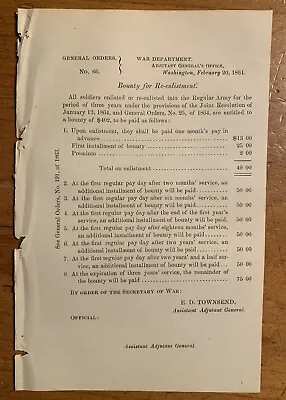1864 Civil War General Order For Bounty For Re-enlistment • $7