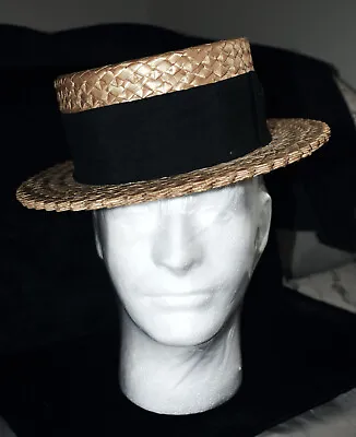 Vintage 1920s -1930s Cosmopolitan Straw Boater Hat Black Ribbon Made In Italy  • $105.99