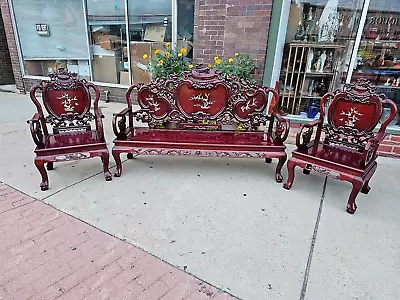 Asian Oriental Temple Foo Dog Mop Inlay Sofa Settee & Throne Chair Pair • $1899.99