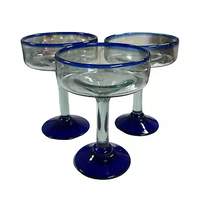 Recycled Glass Mexican Hand Blown Margarita Glasses Cobalt Blue Rim 6  Set Of 3 • $45.49