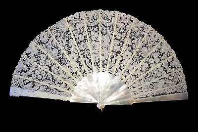 Large Mother Of Pearl Antique Hand Fan Brussels Lace 12.6  Eventail Nacre • $362.14