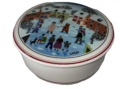 Villeroy Boch Naif Christmas LG Round Candy Box & Lid Red Band Base Laplau HTF  • $21.50