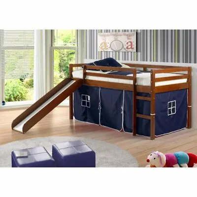 $348.90 • Buy Espresso Wooden Junior Loft Bed With Slide Blue Tent Twin Bunk Kids Play Area