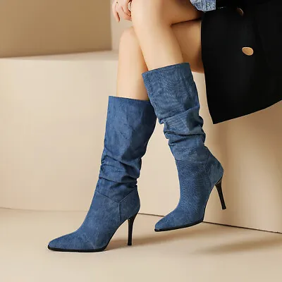 Vintage Denim Pointed Toe Cowboy Boots Womens Stilettos High Heels Pleated Boots • $104.12