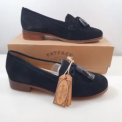 Fat Face Suede Black Pippa Loafers Sz 40 UK 7  New In Box Tassel Leather Shoes • £24