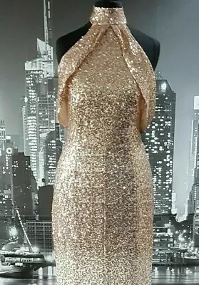 £50 • Buy New Goddiva London Size 10 Cream & Gold Sequin Off Shoulder Fishtail Prom Dress