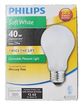 Philips Dimmable Bulbs Soft White NOT LED A19 Medium Base 29W 300 Lumens 4 Bulbs • $11.99