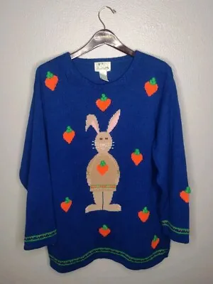 The Quacker Factory Easter Sweater 1X Blue Rabbit Bunny Carrot Novelty O • $27.98