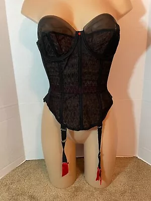 Vtg WARNERS Embroidered Merry Widow CORSET Bra 36B 37B GARTERS Black Lace Red • $99.99