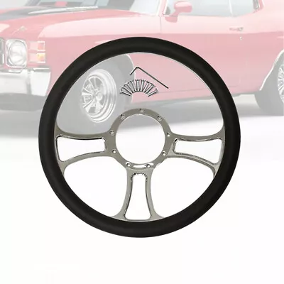 Chrome 14  Billet Aluminum 9 Hole Steering Wheel W/ Half Wrap Black Leather Skin • $108.88