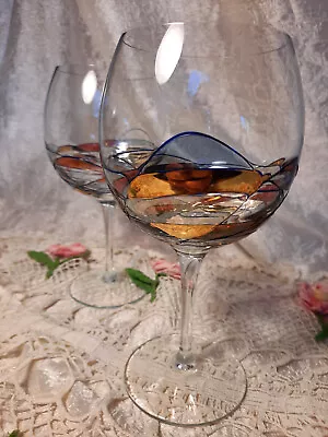 2 Monarch  La Fleur  Mosaic Stained Glass Style Balloon Wine Glasses Set Pair • $38.99