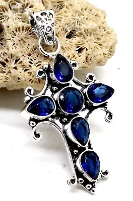 925 Sterling Silver Blue Tanzanite Gemstone Handmade Jewelry Cross Pendant S-2 • $14.53