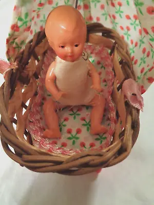 Vintage Hard Plastic E.S. German Baby In Wicker Carriage With Canopy Dollhouse • $19.99