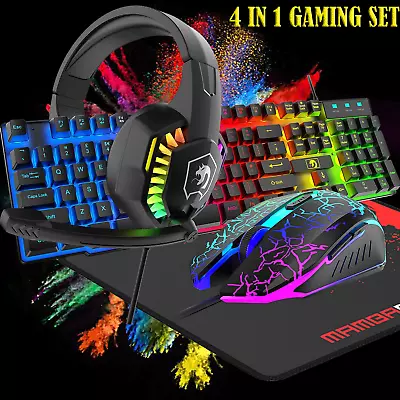 Wired Rainbow Backlight USB Gaming Keyboard And LED Mouse And RGB Headset Set • £23.29