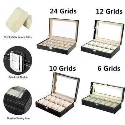 6/10/12/24 Grids Watch Storage Case Display Box Jewelry Organizer Holder Leather • £12.99