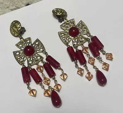 Clip On Earrings Gold Tone / Red Beaded Dangle Drop Chandelier • $16.99