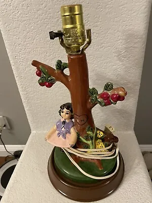 VINTAGE Girl Catching Apples With White Cat Apple Tree Ceramic Lamp - 12.5  Tall • $50