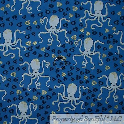 BonEful Fabric FQ Cotton Quilt Blue White Gold Metallic Fish Ocean Beach Octopus • $6.30