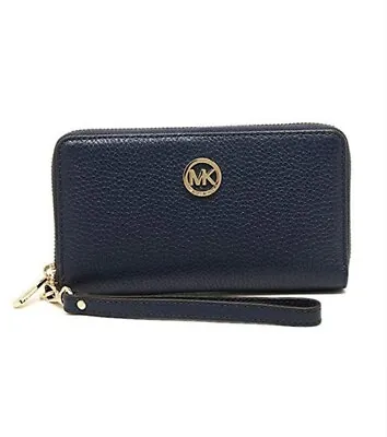 Michael Kors Fulton Navy Large Flat Phone Case Wallet Wristlet Leather NWT • $39