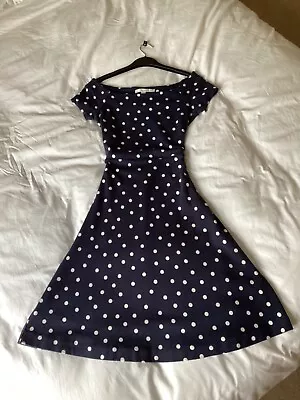 Boden Spotty Navy Blue Lindy Hop Swing Dance 1940s 1950s Dress 6P 6 Petite XS • £18