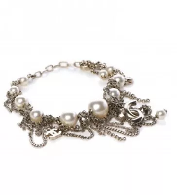 Vintage CHANEL Gold Pearl Multi Chain Logo Bracelet Fall 2010 • $543.99