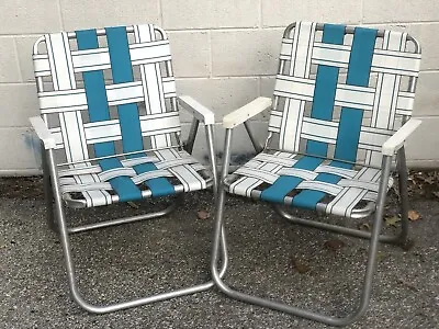 Set 2 Vintage Sunbeam Aluminum Webbed Folding Chairs Lawn Patio Camping Made USA • $214.28