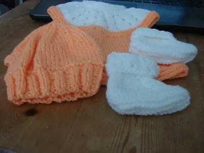 BRAND NEW Hand Knitted 14inch 35. 50 ORANGE DRESS SET NEWBORN • £5