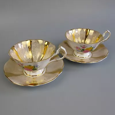 Queen Anne Tea Set. 22K Gold & Flowers. Vintage Bone China. 2 Cups & Saucers. • £49.99