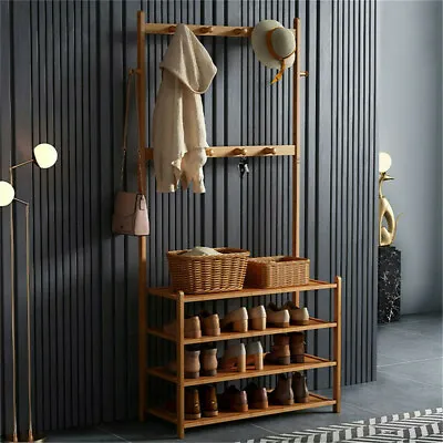 Large Wooden 5 Tiers Hat Coat Stand Clothes Shoe Rack Hanger Hooks Shelf Storage • $42.94