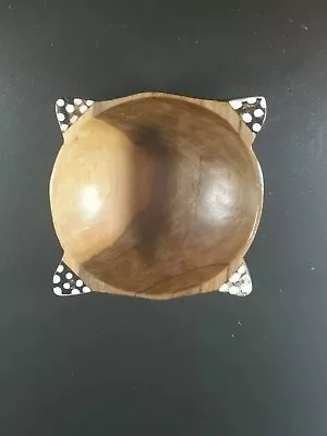 Small Round Olive Wood Bowl Batik Bone Inlay Corners Hand Carved In Kenya • £3.75