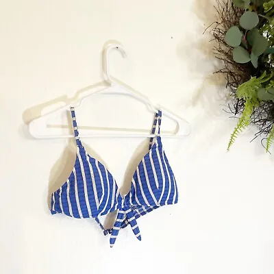 J. Crew Swim Bikini Top Blue Seersucker Size L Tie Front Beach Vacation Travel • $6