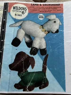 Knitting Pattern Lamb & Dachshund Sausage Dog Toy Weldons 1465 Vintage 1950s • £3.25