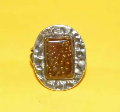 VINTAGE~STERLING~SILVER~w/ MEXICAN FIRE AGATE~HAMMERED~DESIGN~ORNATE~RING~SIZE~7 • $19.99