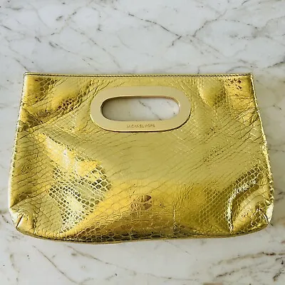 MICHAEL KORS Berkeley Metallic Gold Genuine Leather Snake Skin Print Clutch Bag • $117