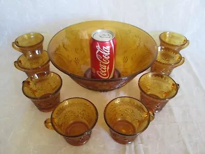 9 Pcs Tiara Amber Sandwich Indiana Glass PUNCH BOWL PARTY SET 8x Cups 1x Bowl • $49.99