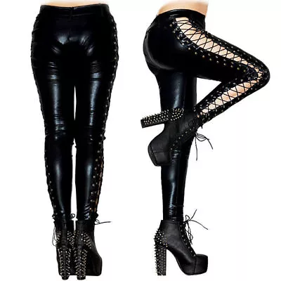 Women Fetish Sexy Black PU Leather Low Rise Pants Wet Look PUNK Leggings Lace Up • £33.23