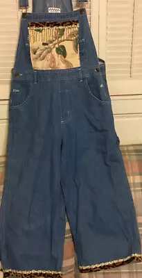 Country Pickens Denim Bib Overalls Ladies SZ L Vtg Unique Animal Print Artsy • $24.99