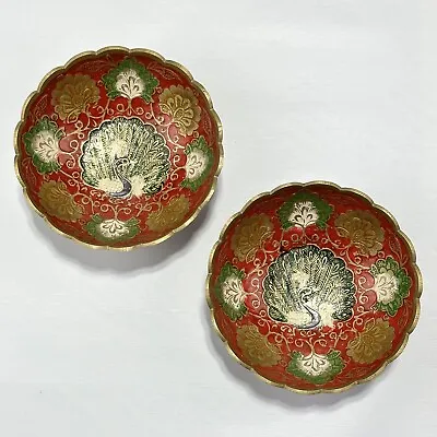 2 Brass Vintage Hand Painted Bowls Home Decor Handcrafted India Peacock 4.5 Inch • $25.99
